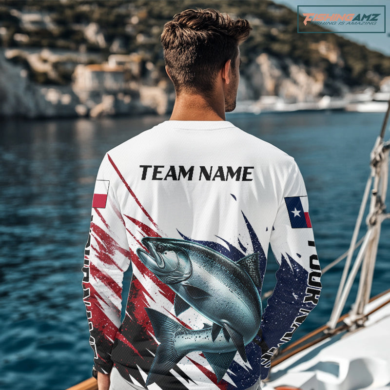 Custom Texas Flag Chinook Salmon Fishing Shirts, Texas Salmon Fishing Shirts Long Sleeve For Team