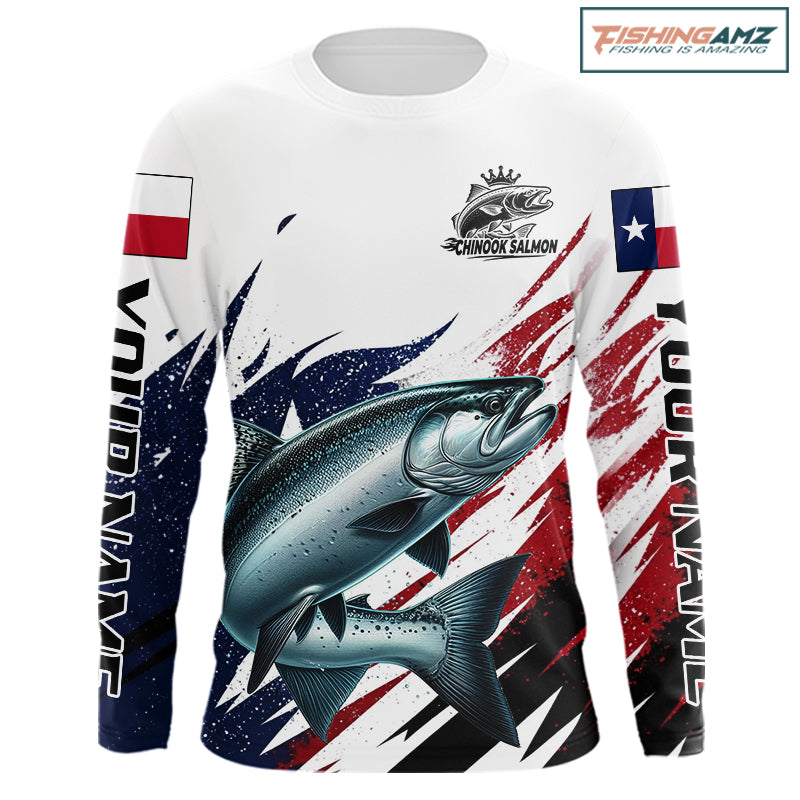 Custom Texas Flag Chinook Salmon Fishing Shirts, Texas Salmon Fishing Shirts Long Sleeve For Team