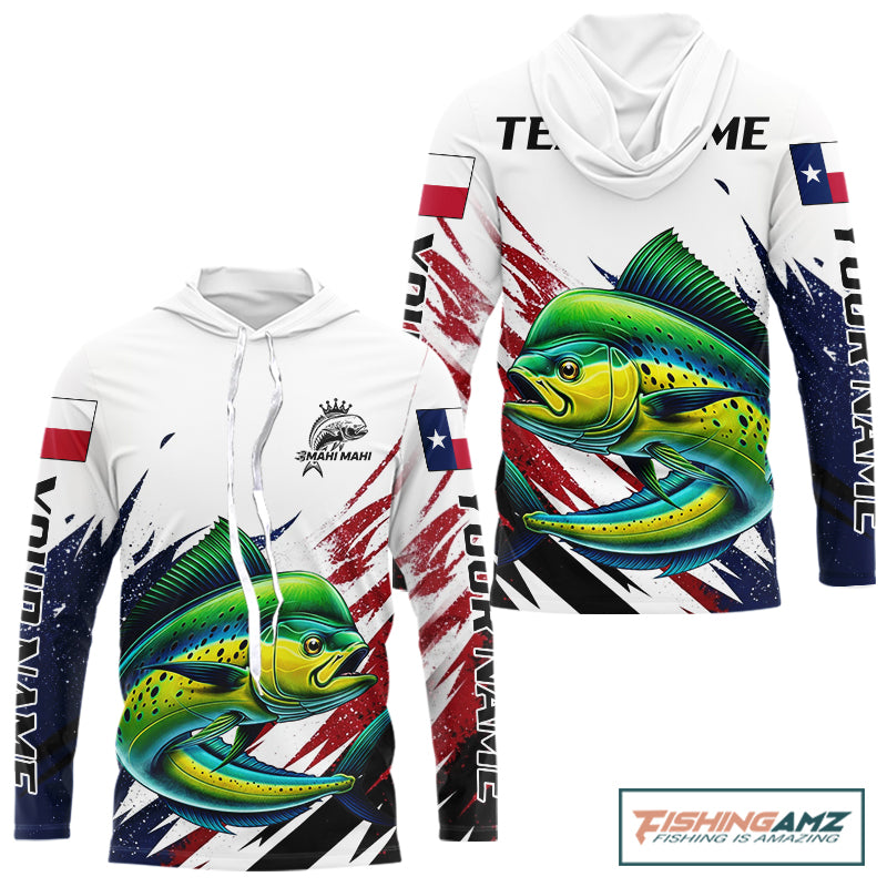 Custom Texas Flag Mahi Mahi Fishing Shirts, Texas Dolphin Fishing Shirts Long Sleeve Hooded For Team