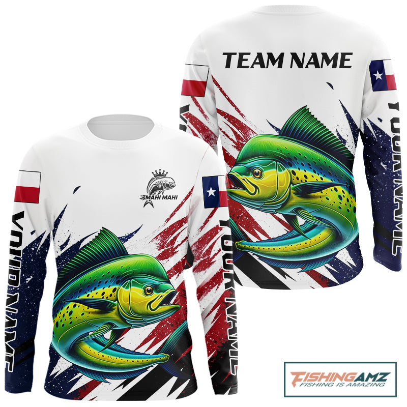 Custom Texas Flag Mahi Mahi Fishing Shirts, Texas Dolphin Fishing Shirts Long Sleeve For Team