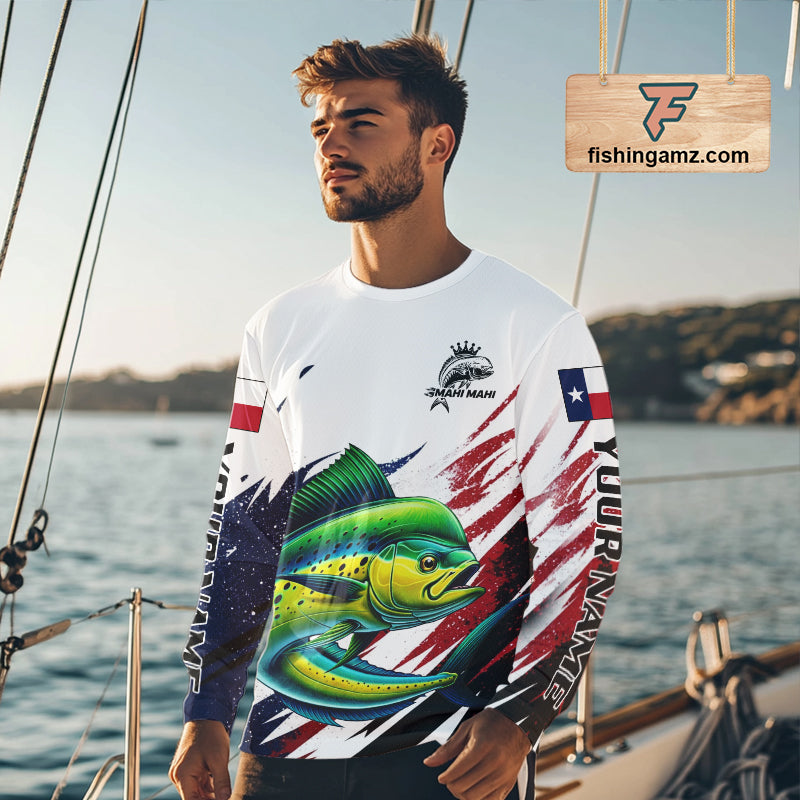 Custom Texas Flag Mahi Mahi Fishing Shirts, Texas Dolphin Fishing Shirts Long Sleeve For Team