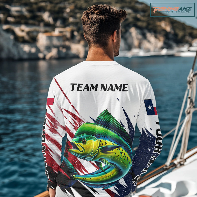 Custom Texas Flag Mahi Mahi Fishing Shirts, Texas Dolphin Fishing Shirts Long Sleeve For Team