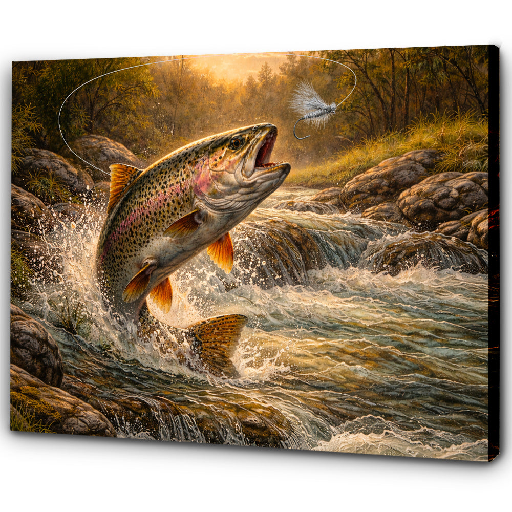 Rainbow Trout Canvas Wall Art – Large Trout Catching Fly Lure Painting on Canvas NHT470