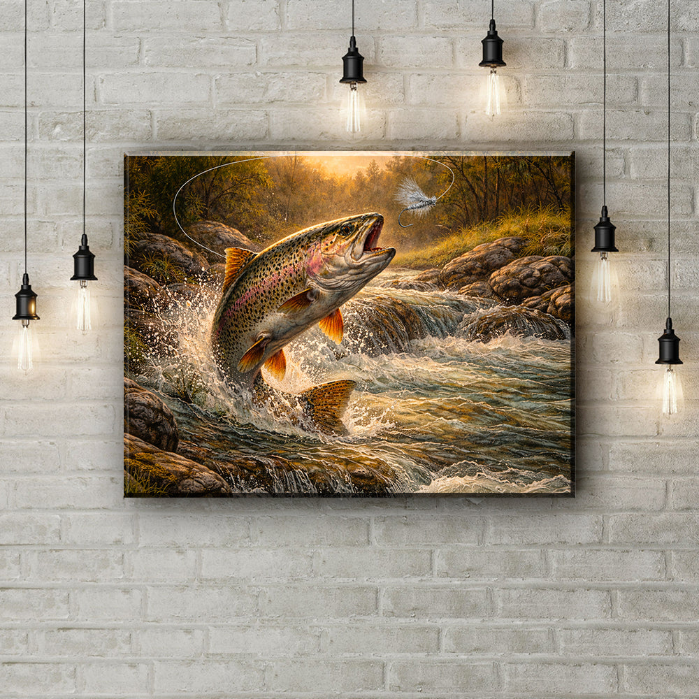 Rainbow Trout Canvas Wall Art – Large Trout Catching Fly Lure Painting on Canvas NHT470