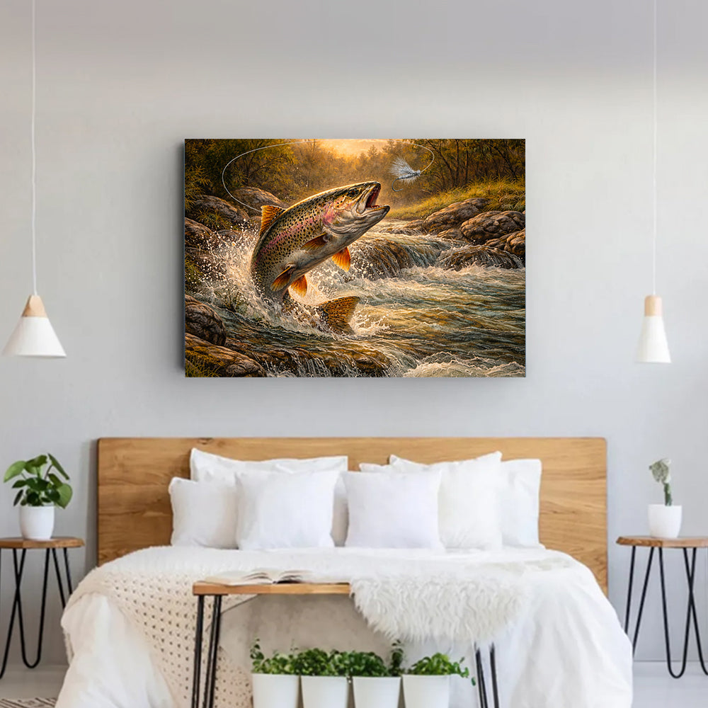 Rainbow Trout Canvas Wall Art – Large Trout Catching Fly Lure Painting on Canvas NHT470