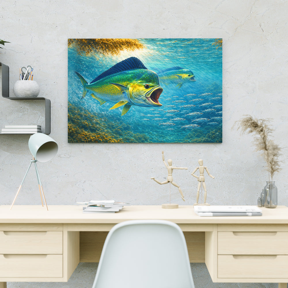 Mahi Mahi Canvas Wall Art – Dolphin Fish Hunting Underwater Painting on Canvas, Saltwater Fishing Canvas Art NHT473