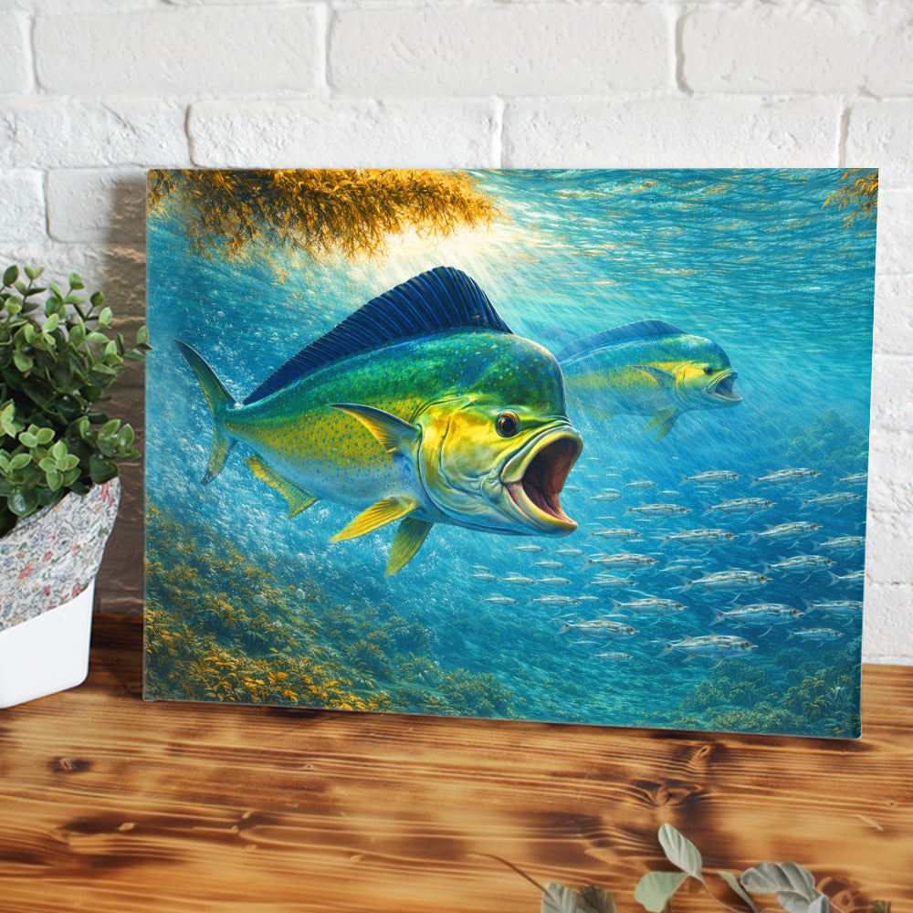 Mahi Mahi Canvas Wall Art – Dolphin Fish Hunting Underwater Painting on Canvas, Saltwater Fishing Canvas Art NHT473