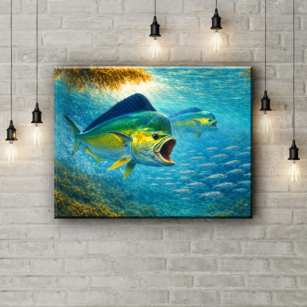 Mahi Mahi Canvas Wall Art – Dolphin Fish Hunting Underwater Painting on Canvas, Saltwater Fishing Canvas Art NHT473