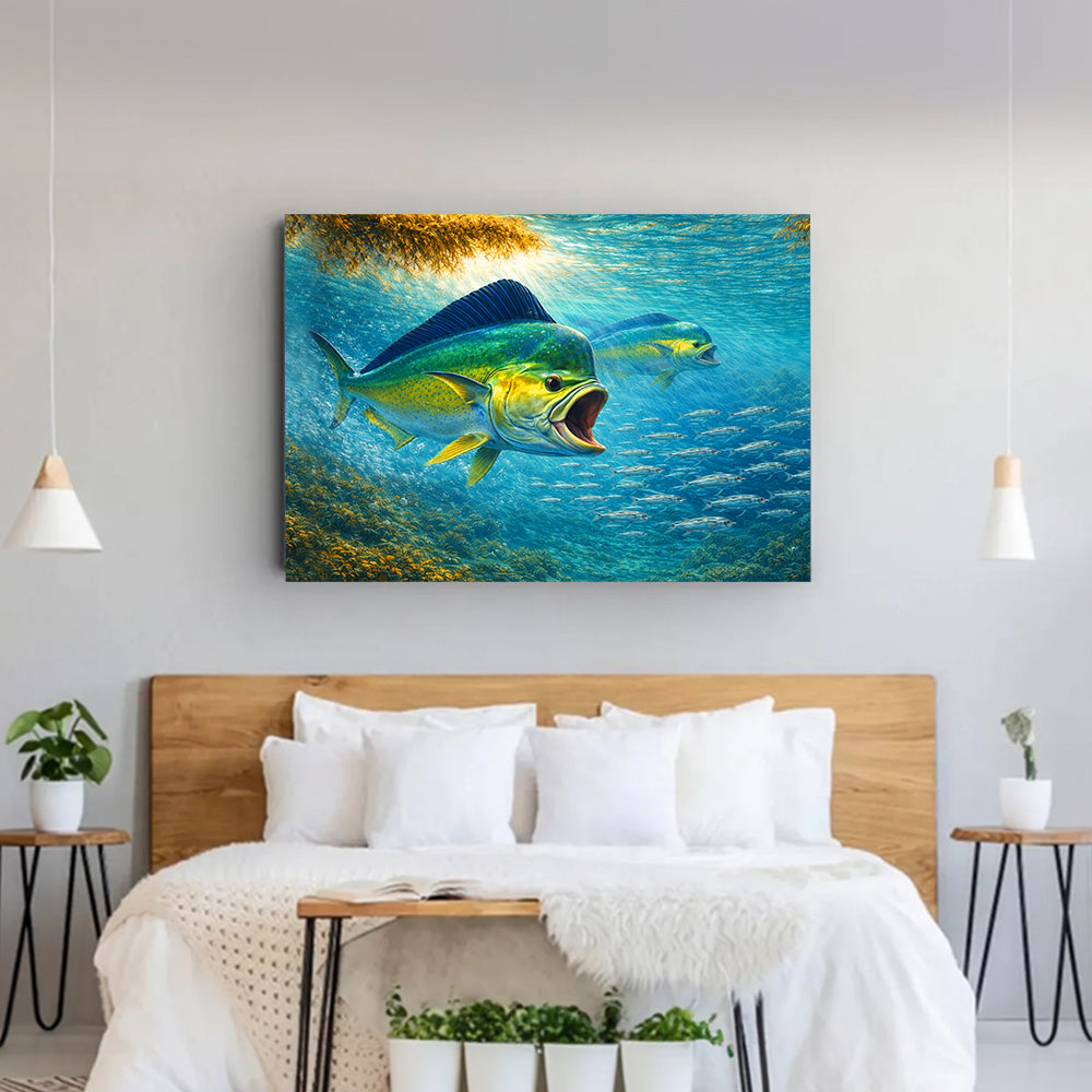 Mahi Mahi Canvas Wall Art – Dolphin Fish Hunting Underwater Painting on Canvas, Saltwater Fishing Canvas Art NHT473