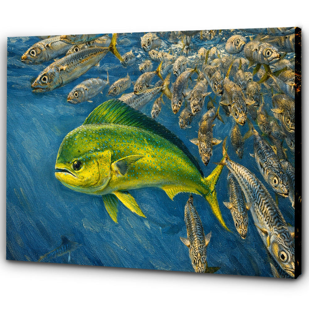 Mahi Mahi Fishing Canvas 3D Fish Pictures Wall Art – Dynamic Mahi Mahi Hunting Prey Underwater, Ocean Fishing Artwork NHT474