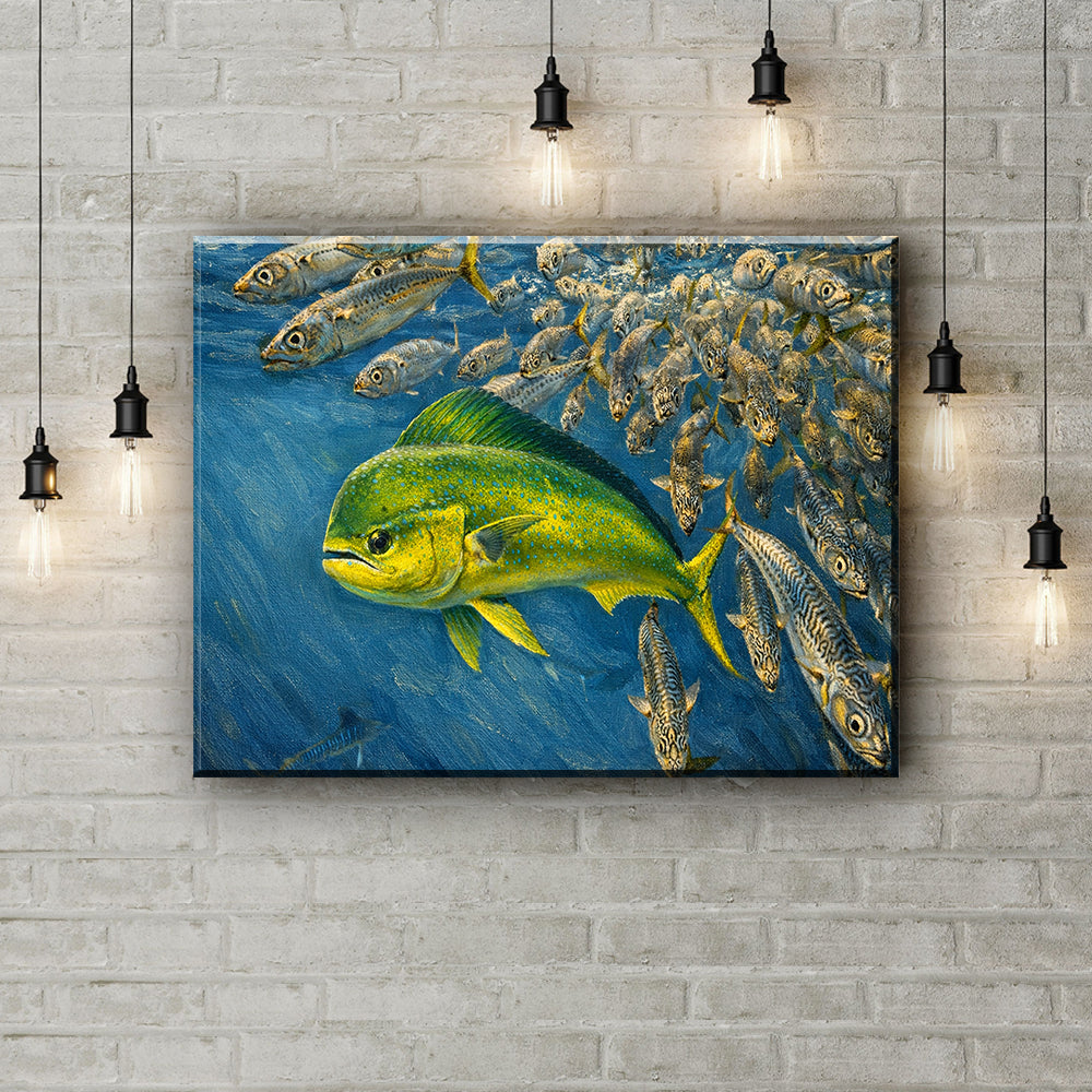 Mahi Mahi Fishing Canvas 3D Fish Pictures Wall Art – Dynamic Mahi Mahi Hunting Prey Underwater, Ocean Fishing Artwork NHT474