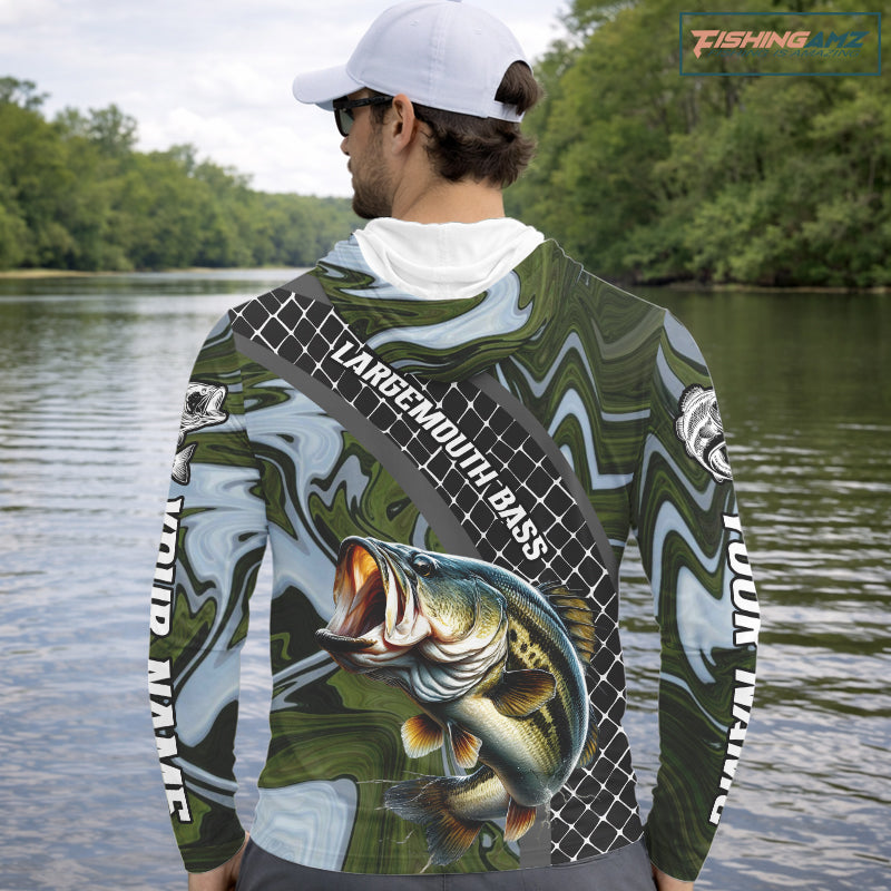 Largemouth Bass Hooded Fishing Shirt Long Sleeve Abstract Green Camo Performance Jersey For Men NHT922