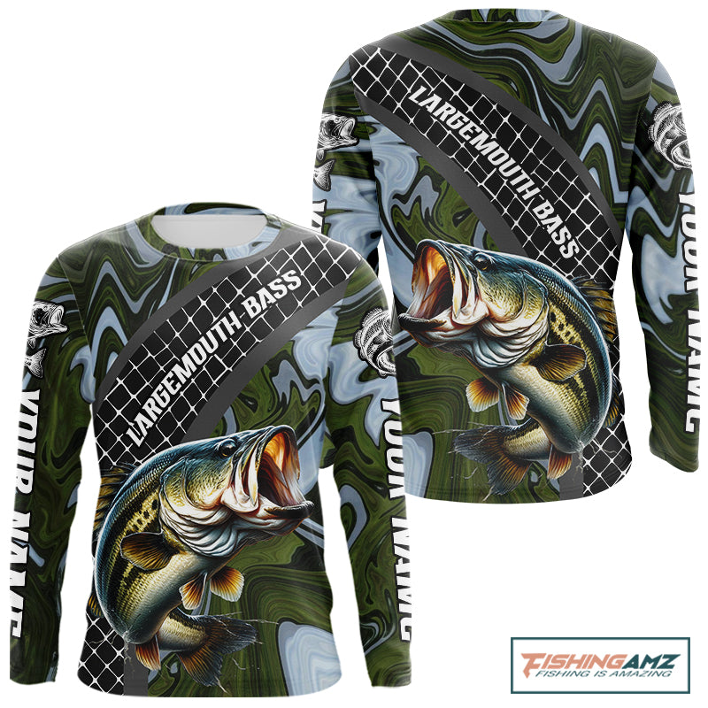 Largemouth Bass Fishing Shirts Long Sleeve Abstract Green Camo Performance Jersey For Men NHT922