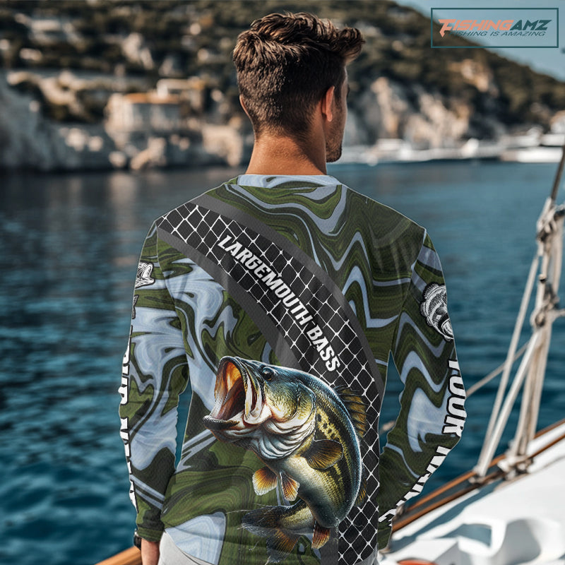 Largemouth Bass Fishing Shirts Long Sleeve Abstract Green Camo Performance Jersey For Men NHT922