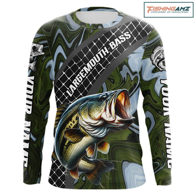 Largemouth Bass Fishing Shirts Long Sleeve Abstract Green Camo Performance Jersey For Men NHT922