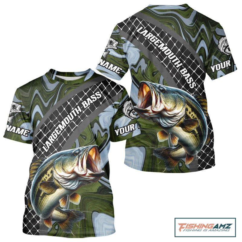 Largemouth Bass Short Sleeve Fishing T-Shirt Abstract Green Camo Performance Jersey For Men NHT922
