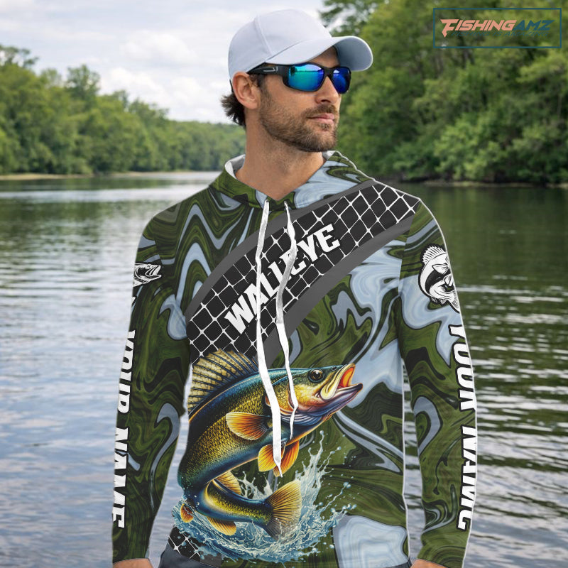 Walleye Hooded Fishing Shirt Long Sleeve Abstract Green Camo Performance Jersey For Men NHT923