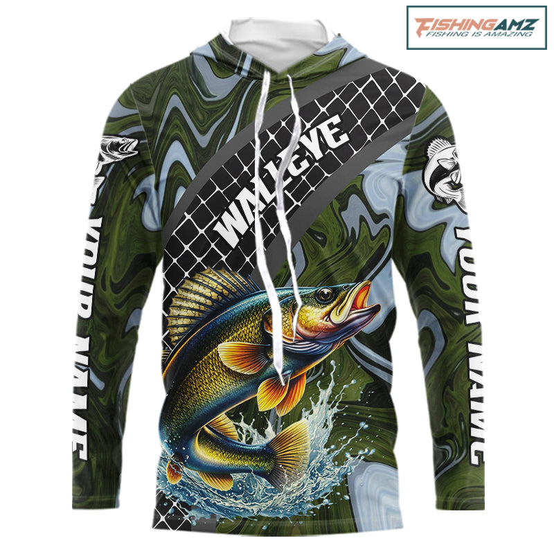 Walleye Hooded Fishing Shirt Long Sleeve Abstract Green Camo Performance Jersey For Men NHT923