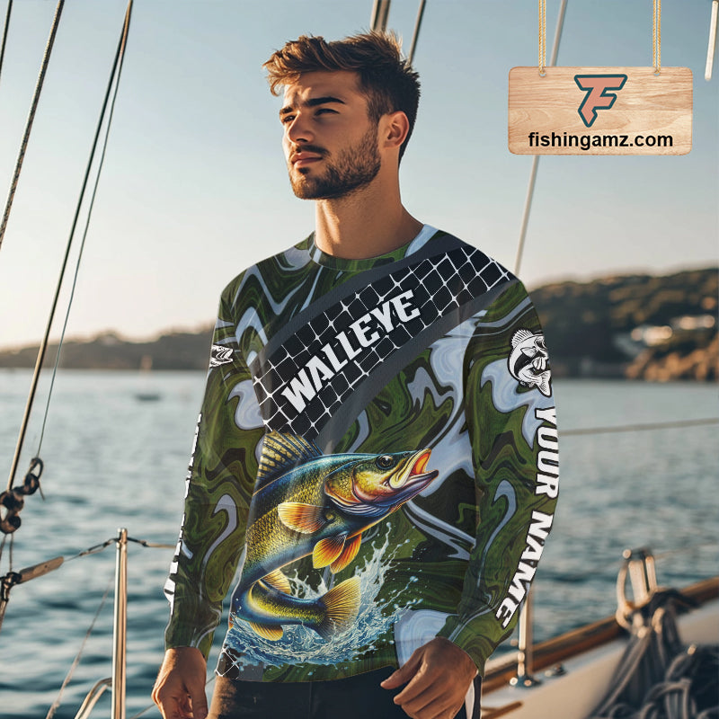 Walleye Fishing Shirts Long Sleeve Abstract Green Camo Performance Jersey For Men NHT923