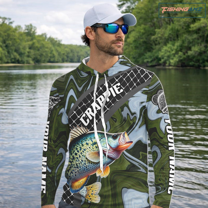 Crappie Hooded Fishing Shirt Long Sleeve Abstract Green Camo Performance Jersey For Men NHT924