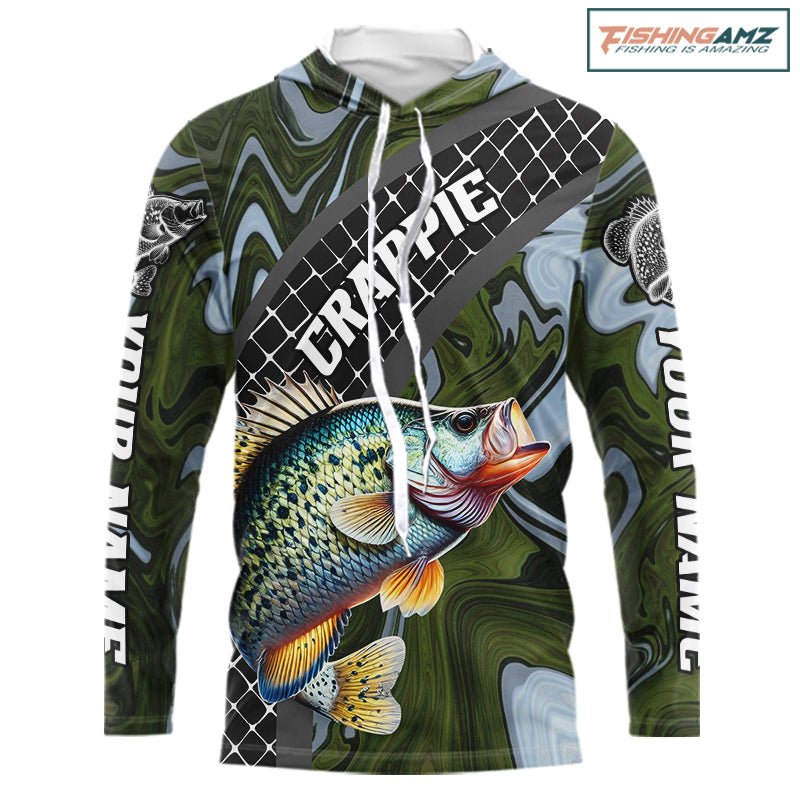 Crappie Hooded Fishing Shirt Long Sleeve Abstract Green Camo Performance Jersey For Men NHT924