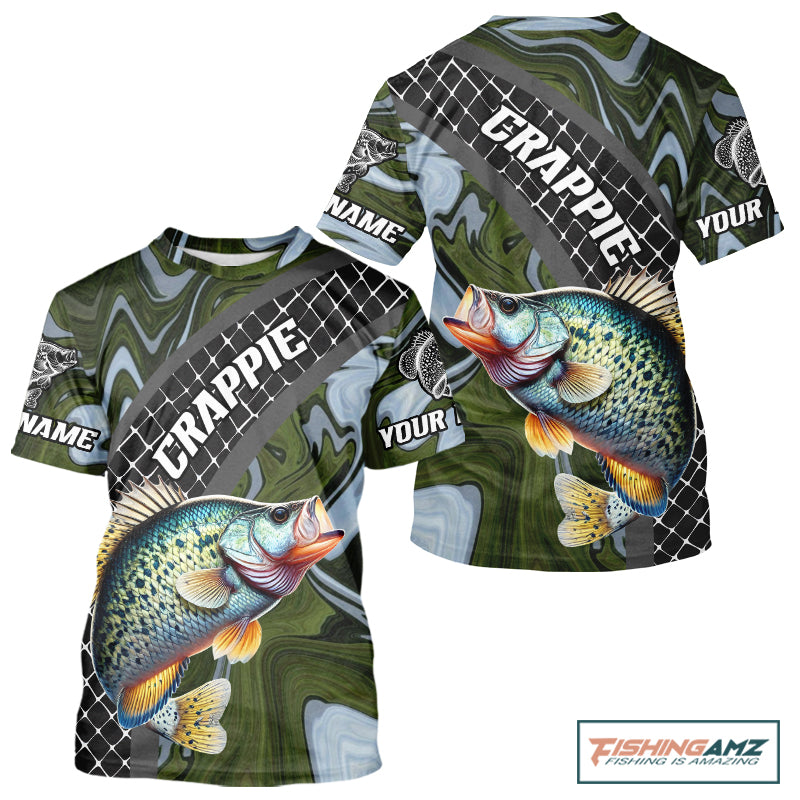 Crappie Short Sleeve Fishing T-Shirt Abstract Green Camo Performance Jersey For Men NHT924