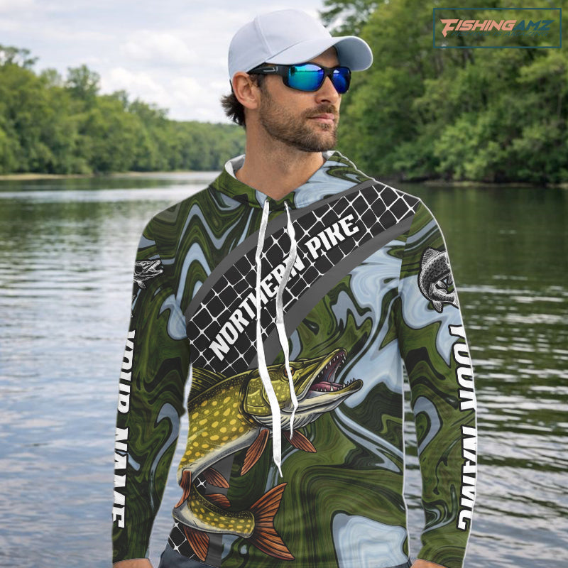 Northern Pike Hooded Fishing Shirt Long Sleeve Abstract Green Camo Performance Jersey For Men NHT925