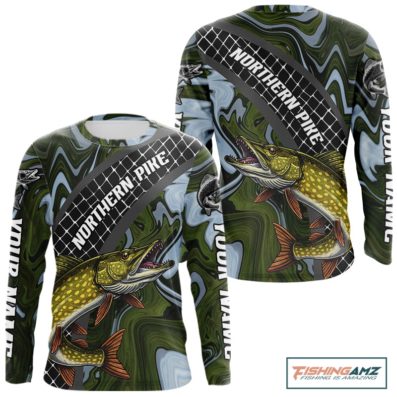 Northern Pike Fishing Shirts Long Sleeve Abstract Green Camo Performance Jersey For Men NHT925