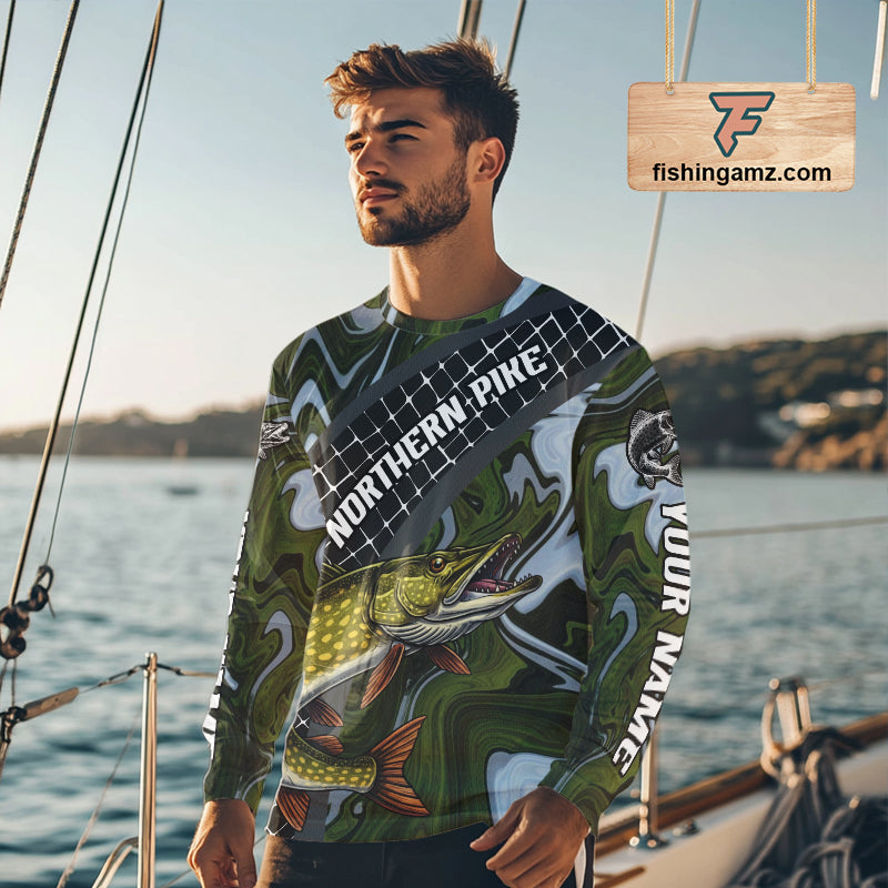 Northern Pike Fishing Shirts Long Sleeve Abstract Green Camo Performance Jersey For Men NHT925