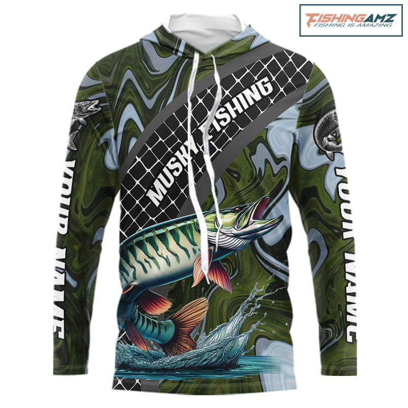 Northern Musky Hooded Fishing Shirt Long Sleeve Abstract Green Camo Performance Jersey For Men NHT926