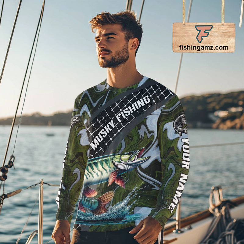 Northern Musky Fishing Shirts Long Sleeve Abstract Green Camo Performance Jersey For Men NHT926