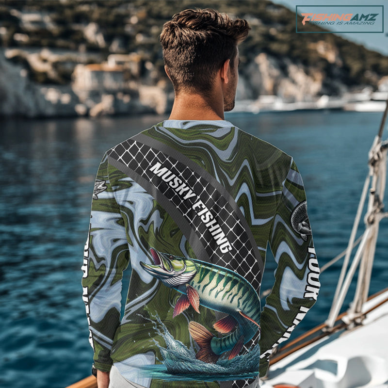 Northern Musky Fishing Shirts Long Sleeve Abstract Green Camo Performance Jersey For Men NHT926