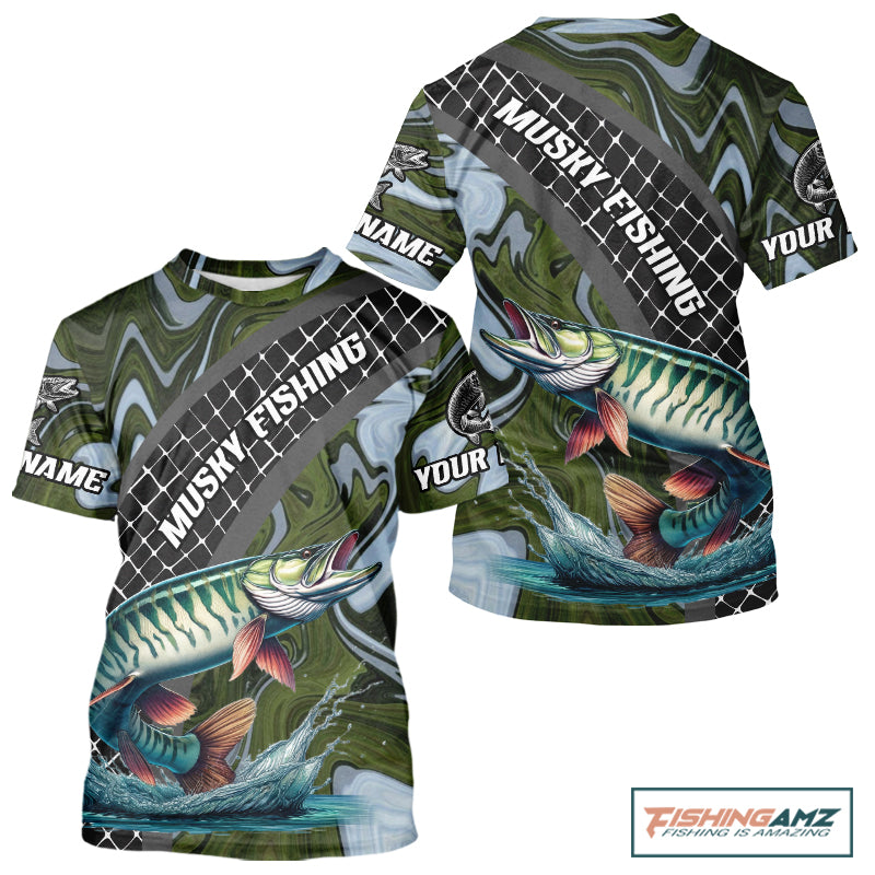 Northern Musky Short Sleeve Fishing T-Shirt Abstract Green Camo Performance Jersey For Men NHT926