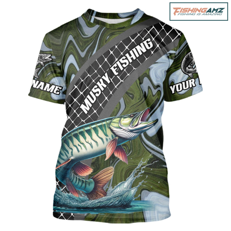 Northern Musky Short Sleeve Fishing T-Shirt Abstract Green Camo Performance Jersey For Men NHT926