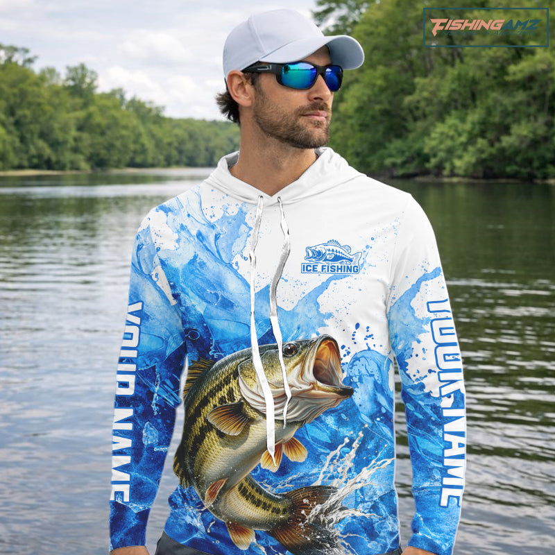 Bass Fishing Shirts Hooded, Ice Fishing Long Sleeve Shirt For Men, Largemouth Bass Fishing Apparel NHT1383