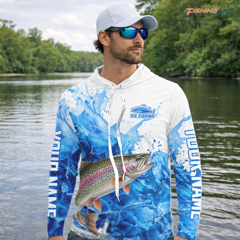 Rainbow Trout Fishing Shirts Hooded, Ice Fishing Long Sleeve Shirt For Men, Rainbow Trout Fishing Apparel NHT1386