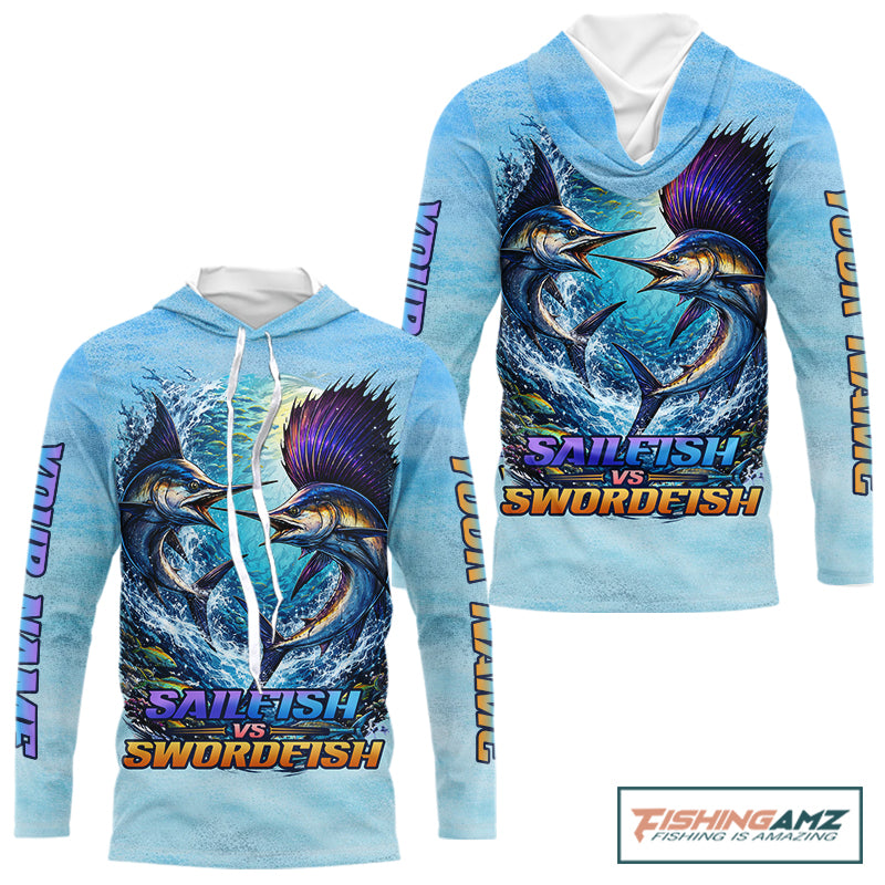 Personalized Sailfish Vs Swordfish Fishing Saltwater Hooded Long Sleeve Fishing Shirts NHT419