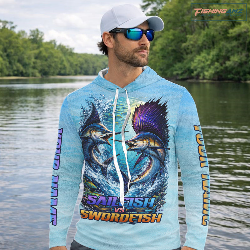 Personalized Sailfish Vs Swordfish Fishing Saltwater Hooded Long Sleeve Fishing Shirts NHT419