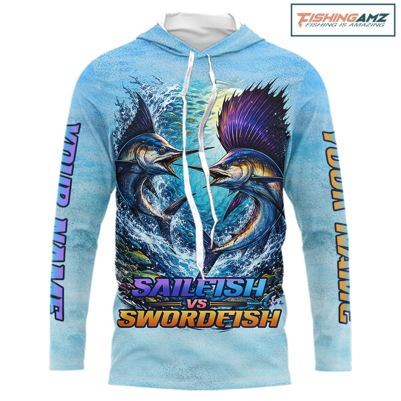 Personalized Sailfish Vs Swordfish Fishing Saltwater Hooded Long Sleeve Fishing Shirts NHT419