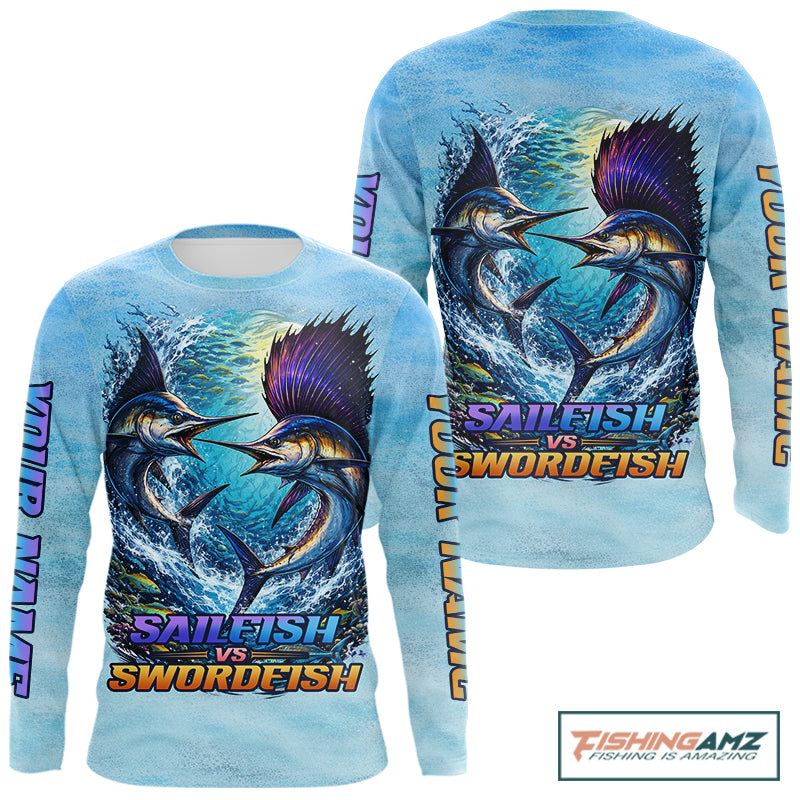 Personalized Sailfish Vs Swordfish Fishing Saltwater Long Sleeve Fishing Shirts NHT419