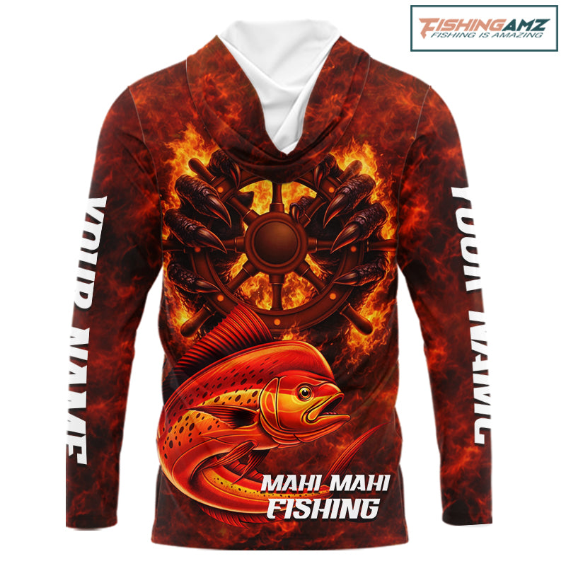 Red Mahi Mahi Fishing Shirts Long Sleeve Hooded, Personalized Men's Fishing Shirt NHT420