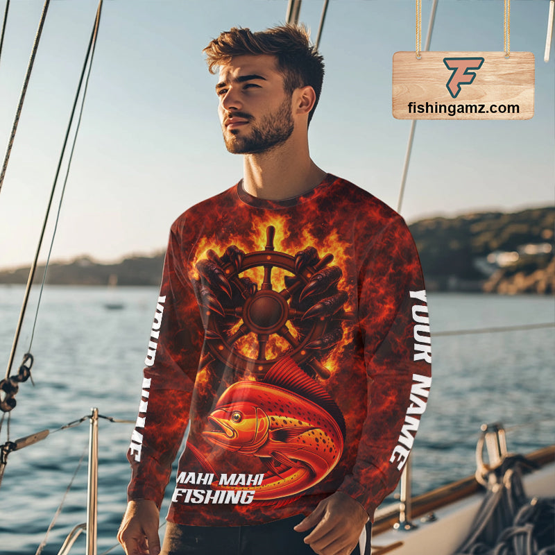 Red Mahi Mahi Fishing Shirts Long Sleeve, Personalized Men's Fishing Shirt NHT420