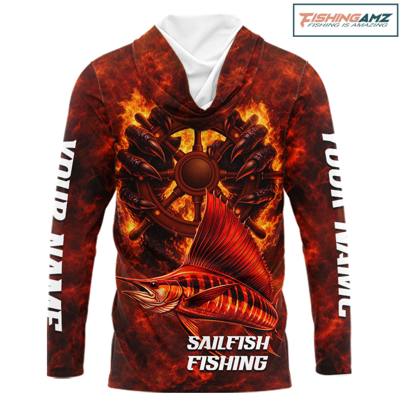 Red Sailfish Fishing Shirts Long Sleeve Hooded, Personalized Men's Fishing Shirt NHT421