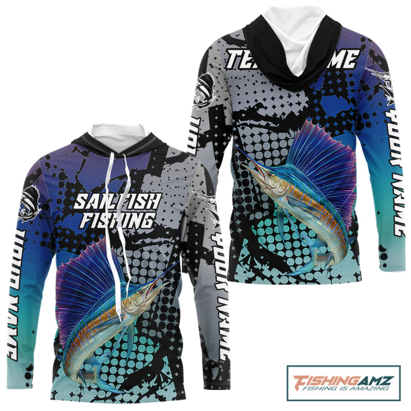 Sailfish Hooded Fishing Shirt Blue Camo Custom Name, Sailfish Fishing Team Jerseys NHT475