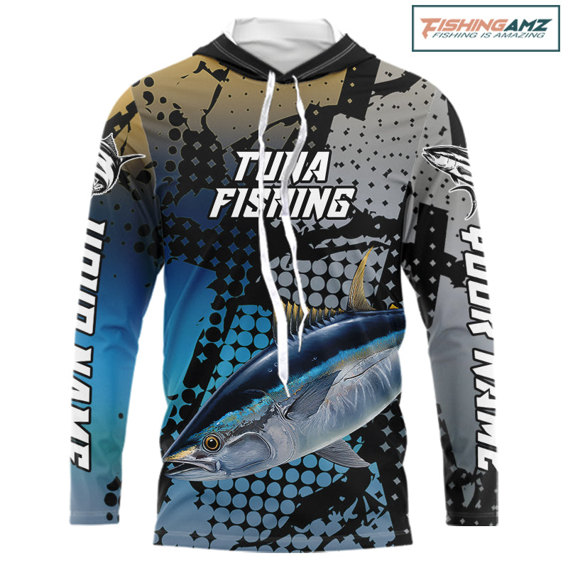 Tuna Hooded Fishing Shirt Blue Camo Custom Name, Tuna Fishing Team Jerseys NHT476