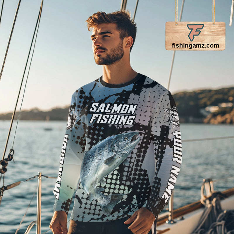 Chinook Salmon Fishing Shirt Gray Camo Custom Name, Chinook Salmon Fishing Team Jerseys NHT478