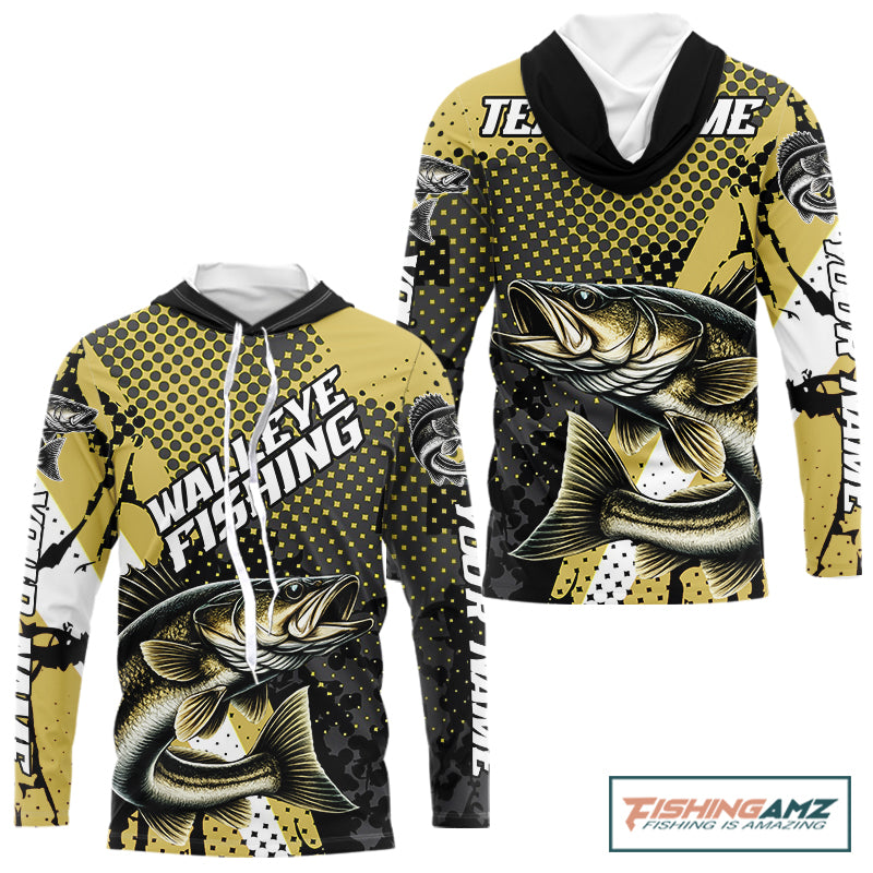 Personalized Walleye Hooded Fishing Shirts Long Sleeve, Yellow Camo Walleye Fishing Shirts NHT483