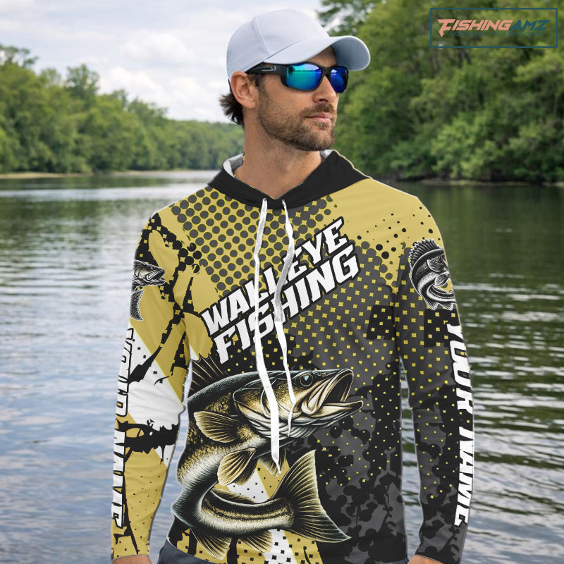 Personalized Walleye Hooded Fishing Shirts Long Sleeve, Yellow Camo Walleye Fishing Shirts NHT483