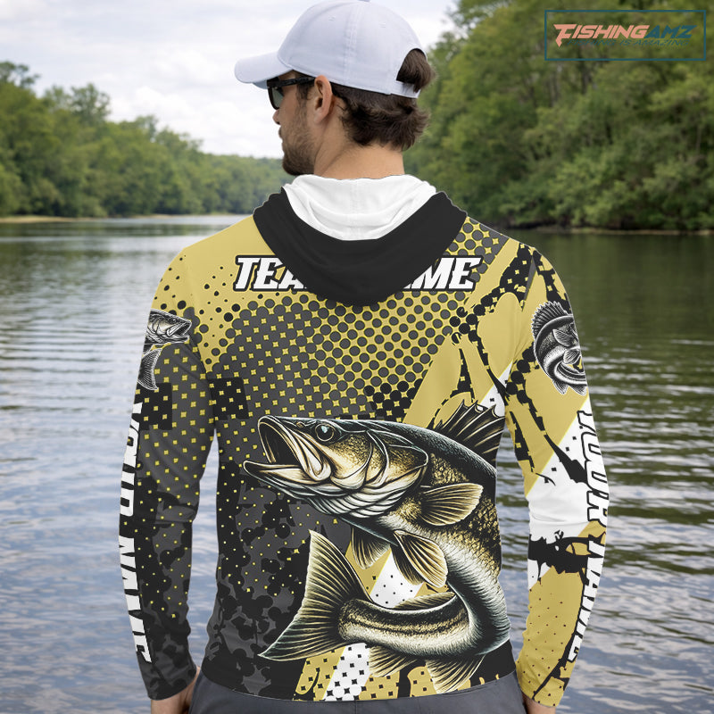 Personalized Walleye Hooded Fishing Shirts Long Sleeve, Yellow Camo Walleye Fishing Shirts NHT483