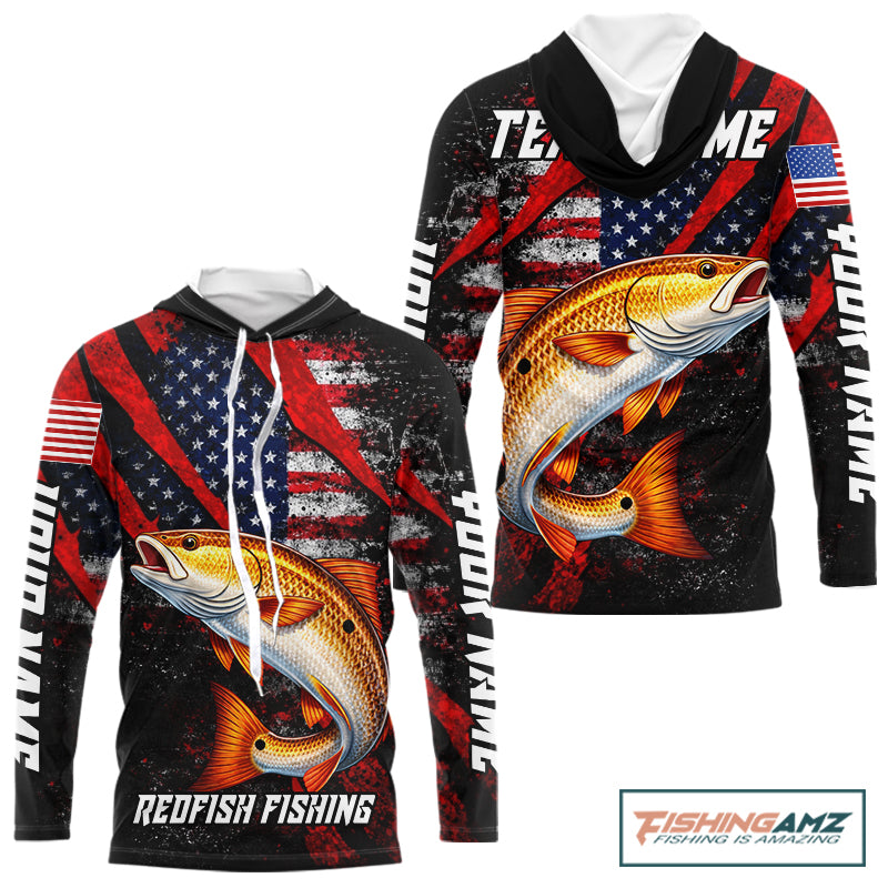 Patriotic redfish fishing jersey, fishing shirts long sleeve hooded custom name for men